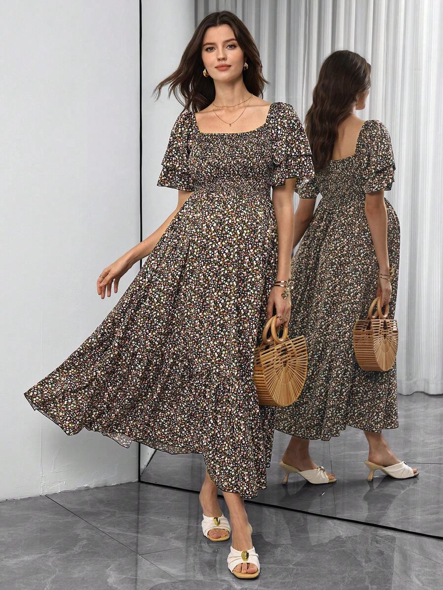 SHEIN Maternity Dresses Holiday Red Polka Summer Boho Baby Shower Office - Black - View 1
