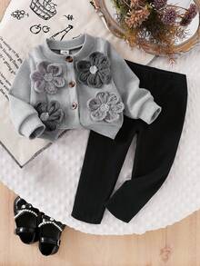 SHEIN 2pcs Toddler Girls' Ribbed Long Sleeve Cardigan Jacket With Floral Decor & Solid Color Pants Set, Casual For Spring & Autumn Squishy Sets - Grey - View 2