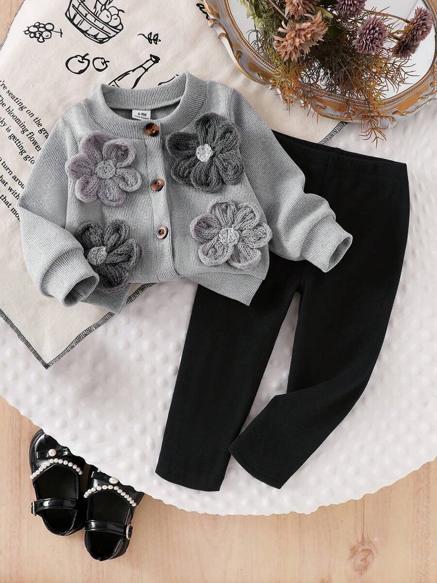 SHEIN 2pcs Toddler Girls' Ribbed Long Sleeve Cardigan Jacket With Floral Decor & Solid Color Pants Set, Casual For Spring & Autumn Squishy Sets