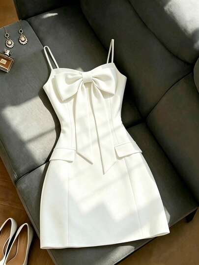SHEIN Franclia Đầm ôm eo gợi cảm và thời trang với nơ trang trí và túi giả, phù hợp cho các bữa tiệc, thường ngày và công sở.
