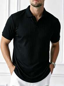Manfinity Mode Men's Short Sleeve Textured Fabric Formal Polo Shirt, Suitable For Office, Outings And Gatherings, Ceremony - Black - View 1