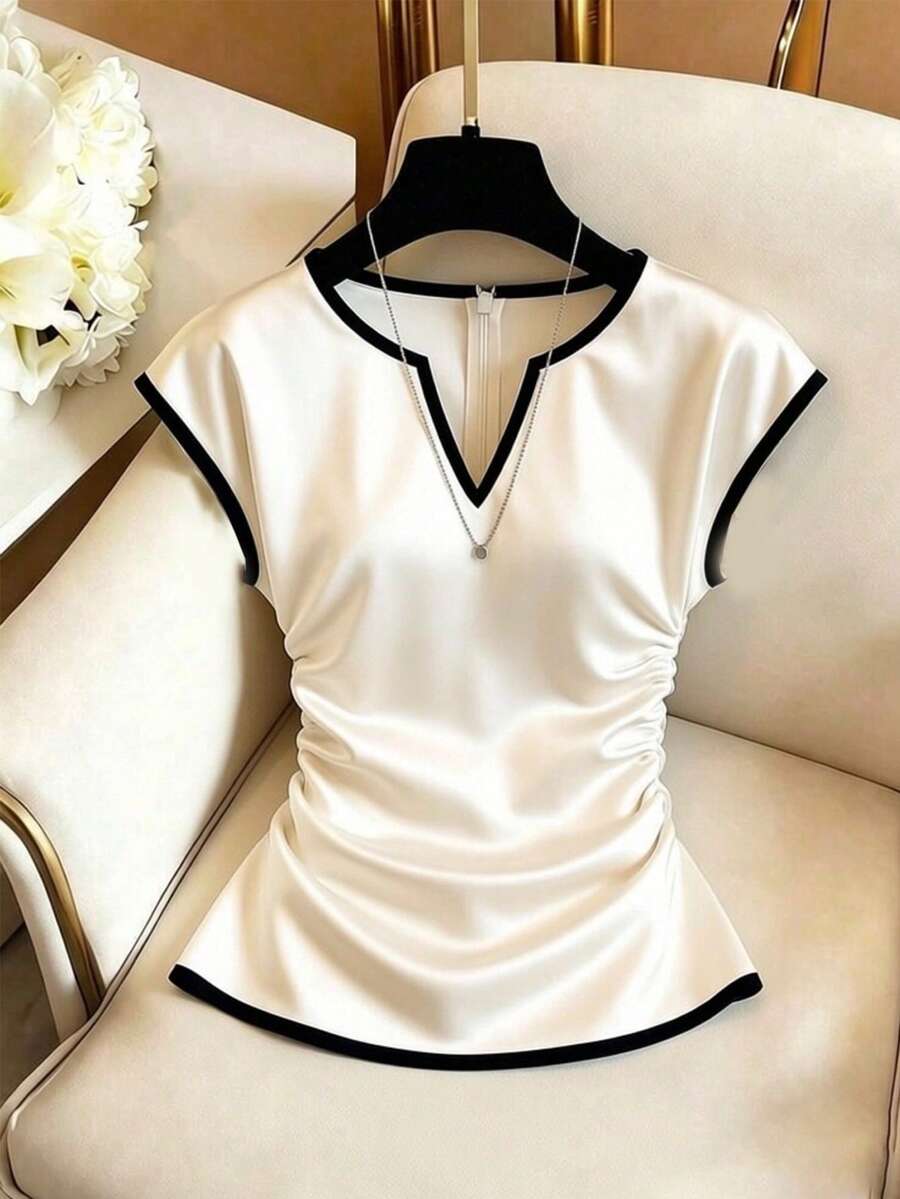 GlowEve Women's Apricot Base Black Trim Contrast Color Satin V-Neck Side Ruched Drawstring Elegant Short Sleeve Blouse For Summer - Apricot - View 1