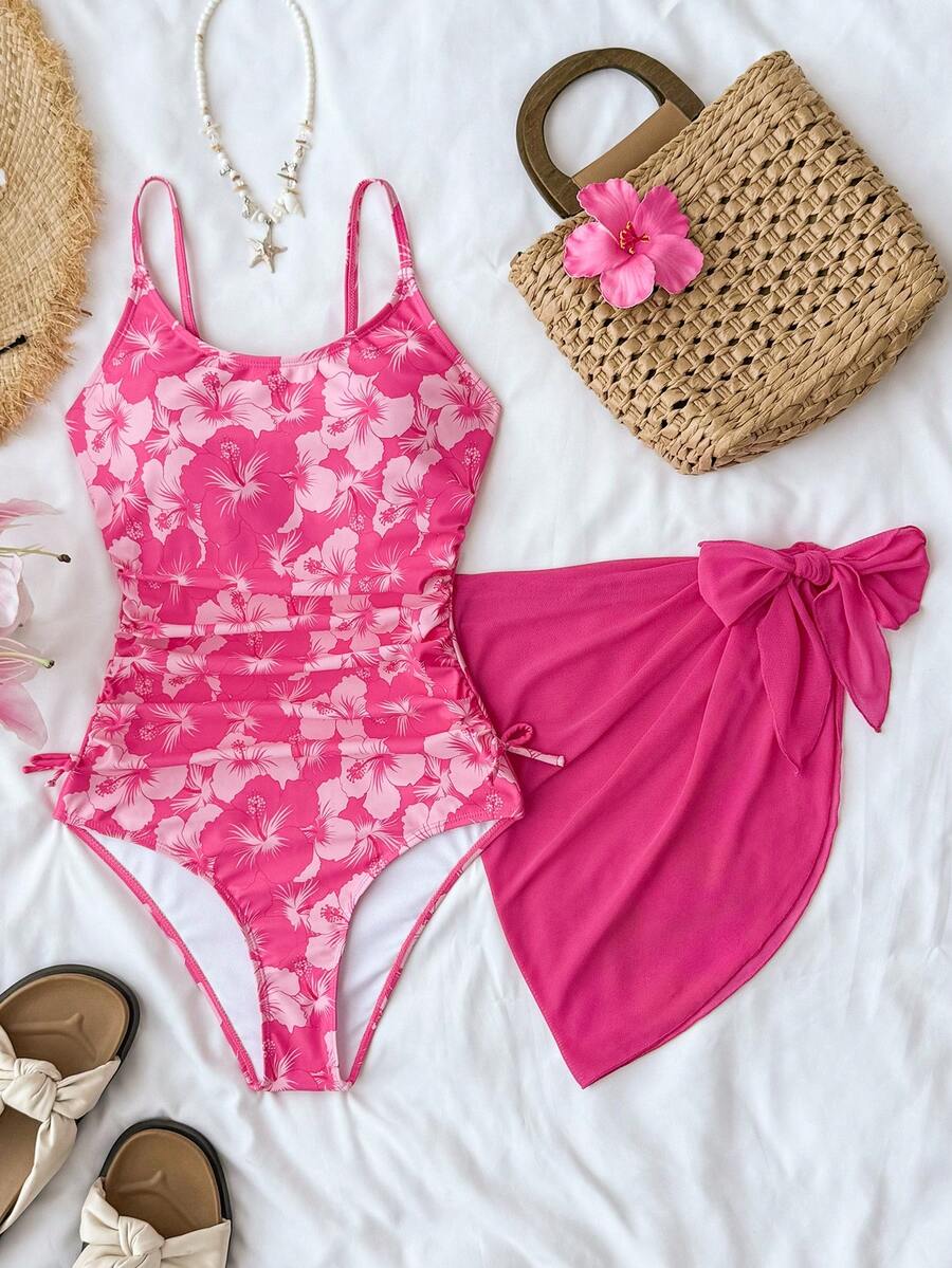 Bộ bikini dệt họa tiết hoa cho bé gái và thiếu nữ với trang trí nơ, đồ bơi một mảnh cổ yếm kèm váy che, đồ bơi đi biển mùa hè - Màu Hồng Tươi - Xem 1