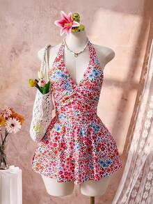 Bellisia Women's One-Piece Floral Random Print Cute Sweet Summer Beach Vacation Sexy Fashion Halter Ruched Swimdress - Multicolor - View 3