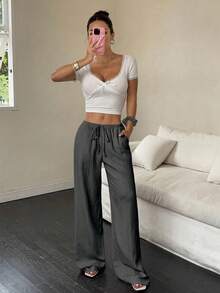 EMERY ROSE Plus Size Women Casual Solid Color Wide Leg Pants, Autumn Loose Fit Long Trousers Fall - Grey - View 6