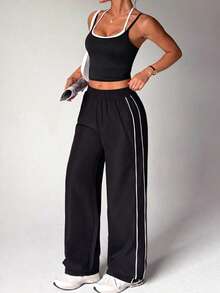 Easithlete Plus Size Women Contrast Trim Camisole Top And Elastic Waist Pants Sports Suit - Black and White - View 4