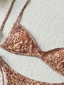 Swim Vcay 女士夏季新款性感抹胸系带上衣和低腰波点印花比基尼套装 - 咖啡棕 - 查看 4