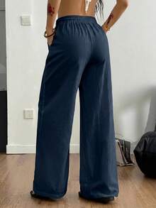 SHEIN PETITE CURVE Plus Size Women Solid Color Drawstring Waist Wide Leg Loose Casual Pants Fall - Navy Blue - View 7