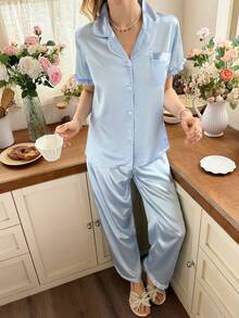 Snug Reverie Women's Short Sleeve Faux Silk Pajama Set With Small Ruffle Collar Loungewear Baby Blue Summer Elegant - Baby Blue - View 7
