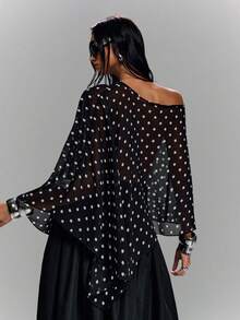 LYSMO 2026 New Minimalist Spring/Summer Women's Sheer Polka Dot Print Shawl Top, Sexy For Summer/ Summer Tops /Festival Outfits For Women / Festa Junina /Festa Junina Women's Clothing/Party Top/Beach Outfit For Women /Going Out Tops For Women /Casual Blouses For Women /Holiday Outfits For Women/Women's Country Clothing /Social Blouse /Polka Dot Top /Black Tops - Black and White - View 2