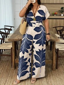 Weeklong Plus Size Women V-Neck Cinched Waist Straight Leg Solid Color Floral Print Pants, Suitable For Daily Wear And Vacation - Multicolor - View 4