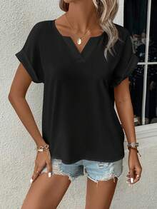 SHEIN Clasi Solid Color Notched Collar Casual Short Sleeve Shirt, Summer - Black - View 3