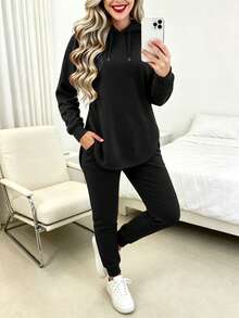Tropvida 2pcs Set Women Plain Long Sleeve Hoodie Top And Long Pants Fall Cloth For Women - Black - View 4
