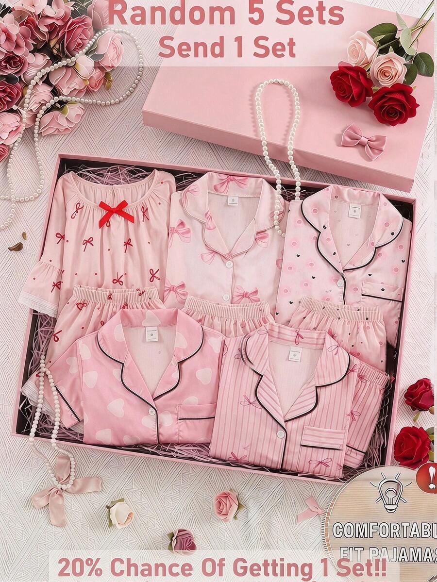 SHEIN 女童蝴蝶结印花上衣和裤子睡衣套装 - 彩色 - 查看 1
