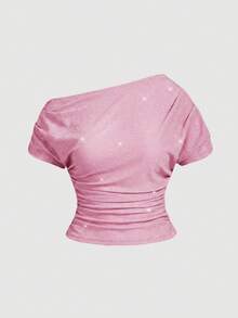 SHEIN MOD Plusstorlek damtopp med metalltråd, stickad blus med asymmetrisk axel, topp med glansigt tyg, vår/sommar - Rosa - Visa 5