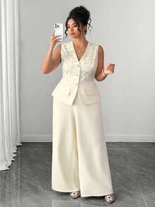 Elenzga Women's Summer Casual Elegant Blazer Vest Two Pieces Set, Plus Size - Apricot - View 5