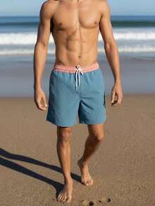 Manfinity KASUA Men Letter Graphic Drawstring Waist Swim Trunks & Compression Liner Milk Silk Lining Beach Shorts, Holiday - Dusty Blue - View 4