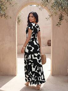 SHEIN Lady Damen Geometrisches Muster Rundhals Kurzarm Elegantes Kleid - Verschiedenfarbig - View 2