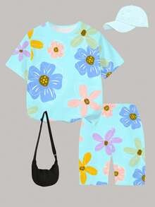 SHEIN Bộ đồ bé gái gồm áo thun ngắn tay và quần short in họa tiết hoa ngọt ngào, kiểu dáng thường ngày, thích hợp cho dã ngoại, kỳ nghỉ, đi biển, mùa hè. - Nhiều màu - Xem 3