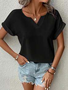 SHEIN Clasi Solid Color Notched Collar Casual Short Sleeve Shirt, Summer - Black - View 4