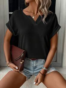 SHEIN Clasi Solid Color Notched Collar Casual Short Sleeve Shirt, Summer - Black - View 6