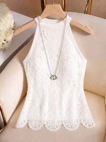 GlowEve Women's Solid Color Hollow Out Floral Circle Top - White - View 3