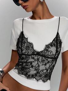 LYSMO Women's Solid Color Spaghetti Strap Lace Sexy Fitted Cropped Camisole - Black - View 5