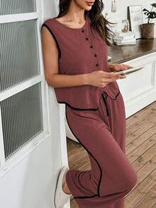 SHEIN Women's Casual Solid Color Cardigan Top And Pants Loungewear Set - Burgundy - View 3