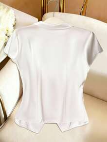 GlowEve Women's Elegant Solid Color Ruched Waist Satin Shirt, Summer - White - View 2