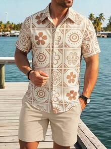 Surfspeed Men's All-Over Print Short Sleeve Shirt And Solid Color Drawstring Waist Shorts Sett Holiday / Vacation / Beach / Hawaii / Tropical / Swim /  Bathing - Multicolor - View 2