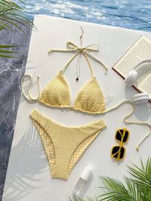 Swim Mod 女士甜美纯色和印花双面比基尼套装，夏季海滩度假黄色比基尼泳装套装，适合冬季、外出、生日、休闲、千禧年、西式风格、夜店、夏季海滩度假等场合 - 彩色 - 查看 3