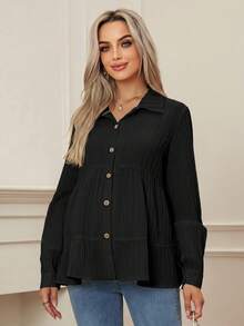 SHEIN 純色長袖荷葉邊休閒孕婦上衣 - 黑色 - 查看 8