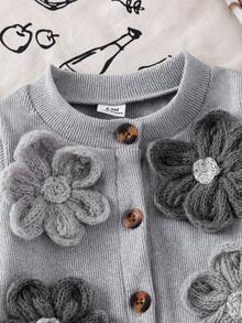 SHEIN 2pcs Toddler Girls' Ribbed Long Sleeve Cardigan Jacket With Floral Decor & Solid Color Pants Set, Casual For Spring & Autumn Squishy Sets - Grey - View 6