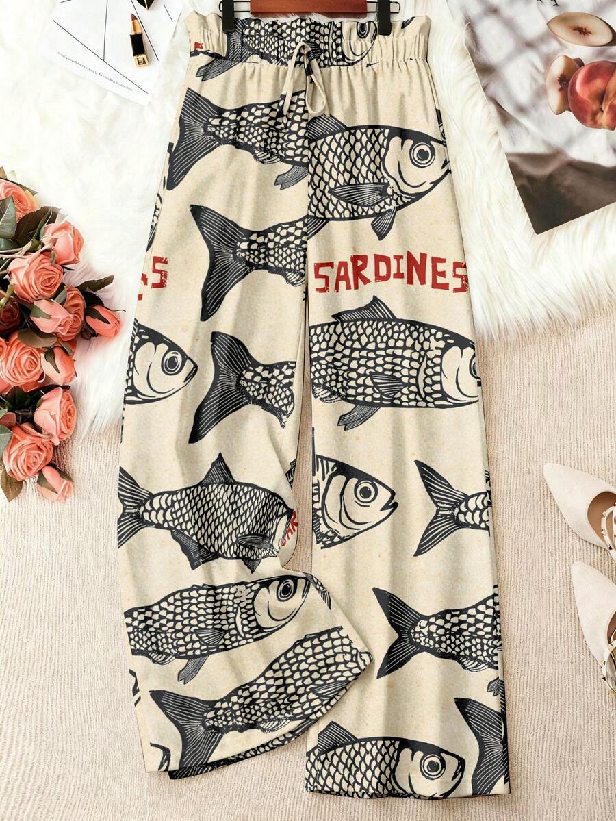 EMERY ROSE Celana Panjang Wanita Ukuran Besar Kasual untuk Liburan, Warna Krem Muda, Motif Ikan Besar Retro, Desain Sabuk Pinggang, Potongan Lebar, Musim Semi, Musim Panas, Musim Gugur, Celana Panjang Wanita Ukuran Besar - MultiWarna - View 1