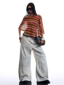 LYSMO Women's Off-Shoulder Loose Striped Vintage Hollow-Out Blouse, Fashionable For Summer - Multicolor - View 1