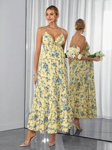 Momance Floral Knit Maternity Dress, Elegant Fashionable, Beach Vacation Style, V-Neck Spaghetti Strap Design, Suitable For Daily Dates Dusty Blue - Yellow - View 7