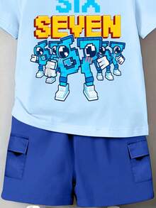 1 Set Young Boys' Casual Cool Six Seven 67 Robot Graphic Short Sleeve T-Shirt And Cargo Shorts Outfit, Suitable For Outing And Street Wear, Blue Set - Multicolor - View 6