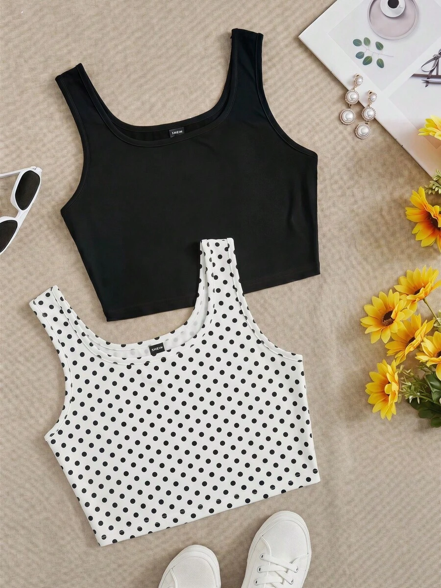 SHEIN BASICS 2件組女款圓點印花時尚百搭方領短版背心上衣套裝