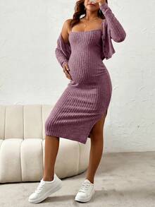 SHEIN 2 piezas Conjunto de vestido de tirantes acanalado con abertura y chaqueta elegante de maternidad, para verano - Morado - Ver 6