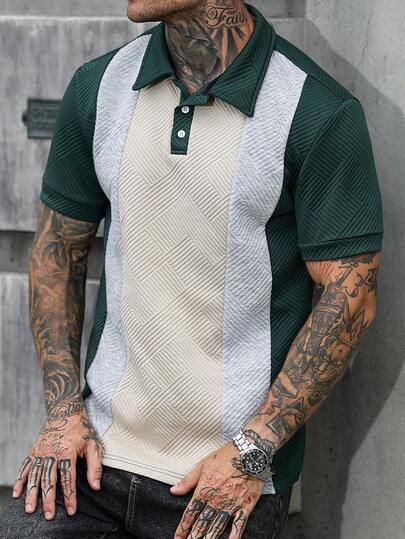 Manfinity CasualCool Áo polo nam tay ngắn dệt kim jacquard phối màu bất đối xứng họa tiết hoa, thích hợp mặc hàng ngày, quà tặng cho chồng/bạn trai.