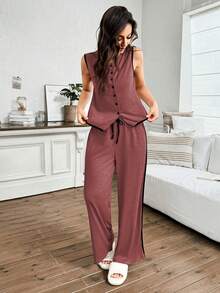 SHEIN Women's Casual Solid Color Cardigan Top And Pants Loungewear Set - Burgundy - View 6