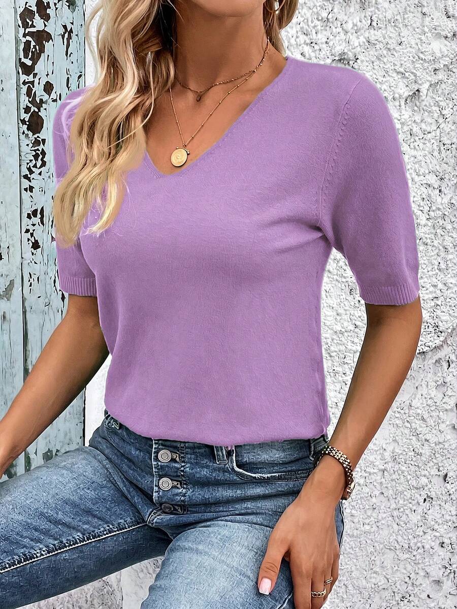 SHEIN Clasi Women's Casual V-Neck Short Sleeve Knit Top, Solid Color, Versatile For Vacation, Daily Commute - Dusty Purple - View 1