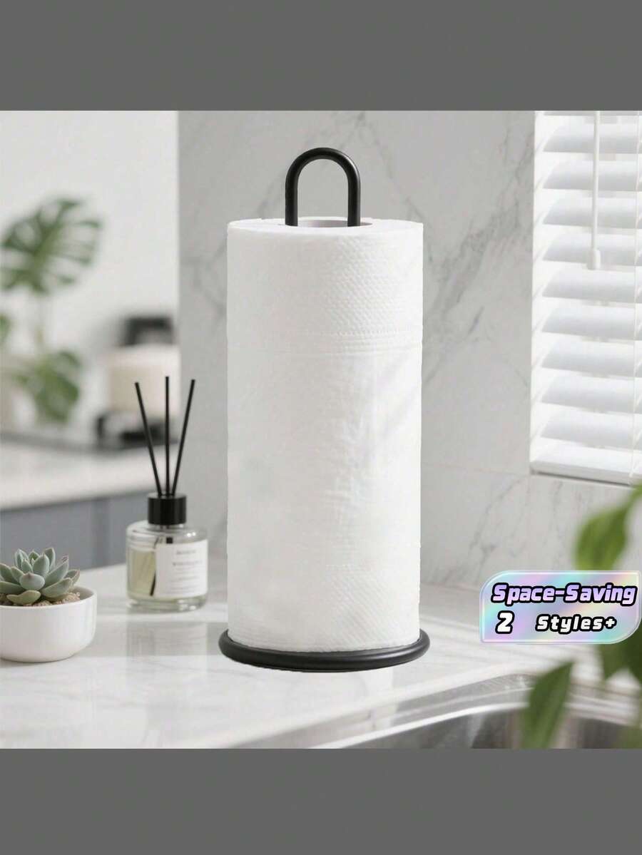 1/2Pcs Metal Paper Towel Holder, Suitable For Kitchen Countertop, Bar, And Dining Table, Fits Standard And Jumbo Rolls Paper Towel Holders For Standard And Large Size Rolls Tissue Box, Tissue Holder, Napkin Holder, Toilet Paper Holder - Black - View 1