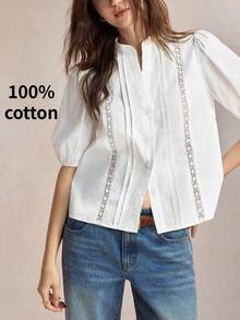 BizChic Blusa de mujer con parches de encaje, de un solo pecho, versátil y de moda - Blanco - Ver 3
