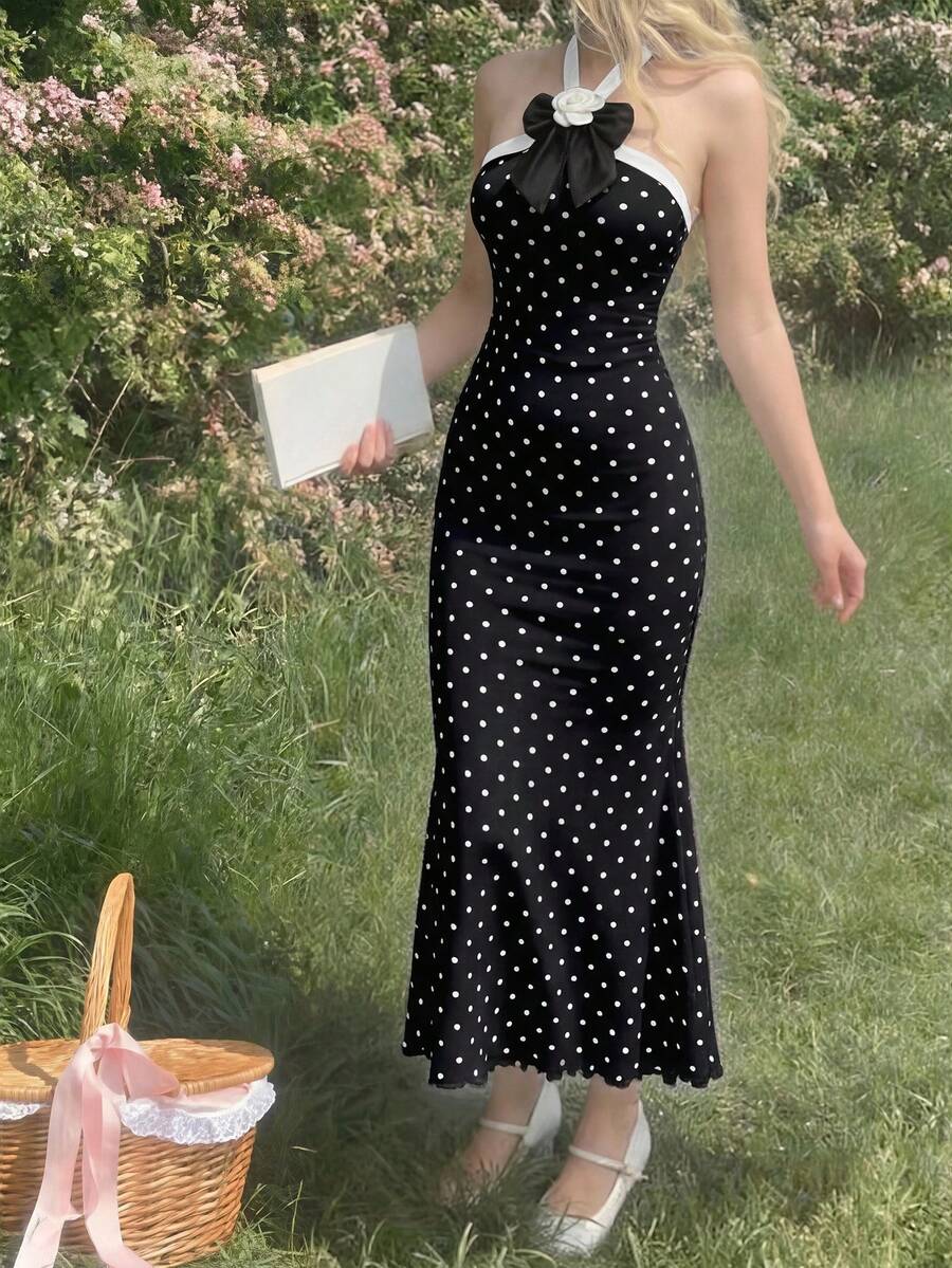 SHEIN MOD 复古浪漫粗花呢露背中长连衣裙,饰有杏色和黑色波点的3D立体花朵——鱼尾裙摆,露背设计,适合花园茶会、约会、派对、女士春夏装、春假、度假、野餐、节日、生日等场合。 - 黑色 - 查看 1