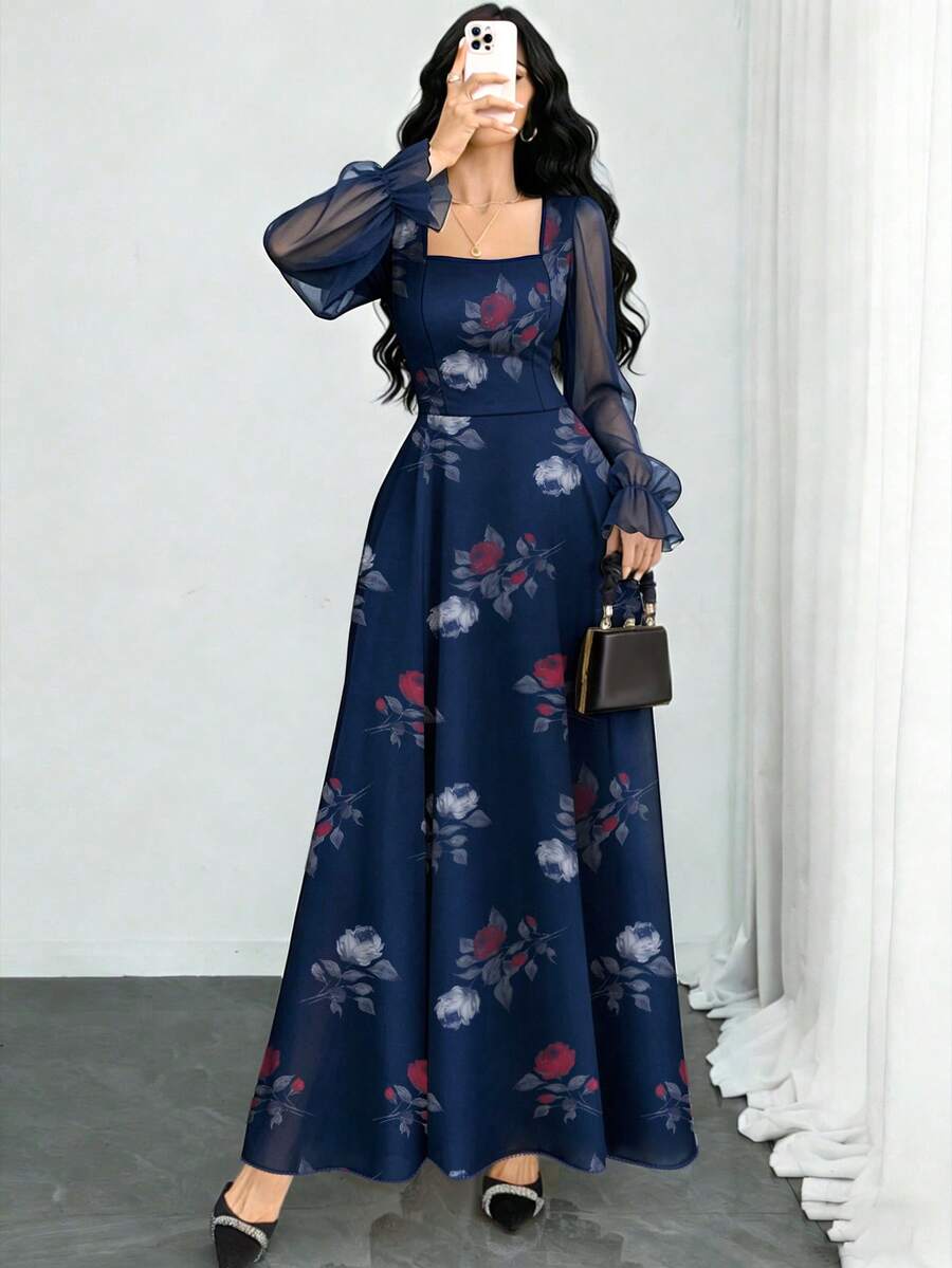 Modelyn 海軍藍碎花玫瑰洋裝,時尚方領飄逸袖設計,收腰長版優雅浪漫,適合秋季婚禮 - 彩色 - 查看 1