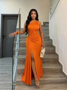 Brilight Sexy Tight Party Dress, Orange One-Shoulder Evening Dress, Plus-Size Dress, Summer Vacation Dress - Orange - View 2