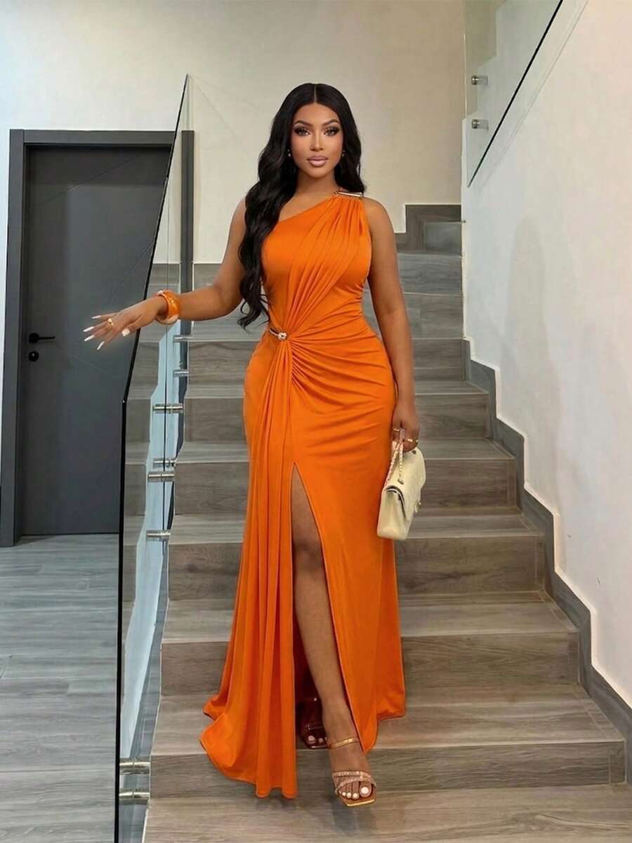 Brilight Sexy Tight Party Dress, Orange One-Shoulder Evening Dress, Plus-Size Dress, Summer Vacation Dress