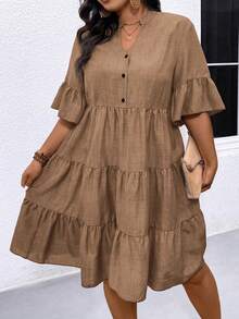 EMERY ROSE Vestido elegante de talla grande con cuello con muesca y dobladillo con volantes de unicolor - Marrón - Ver 4