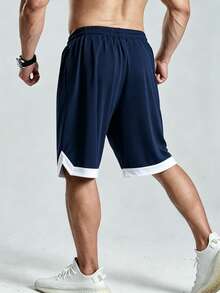 Gym Rark Men's Letter Print Striped Contrast Color Drawstring Waist Pocket Sports Shorts, Football - Navy Blue - View 2